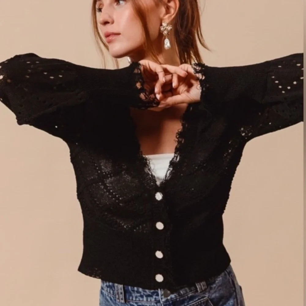 Elegant Black Lace Trim Cardigan - Picture 2 of 3